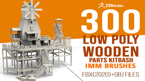 300 Low-poly wooden shed, house, farm or cabin parts and elements kitbash IMM Zbrush brush set, obj and fbx files.