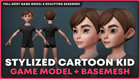 Stylized Cartoon Kid Game Model & Basemesh