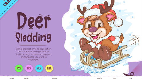 Cartoon Deer Sledding. Clipart