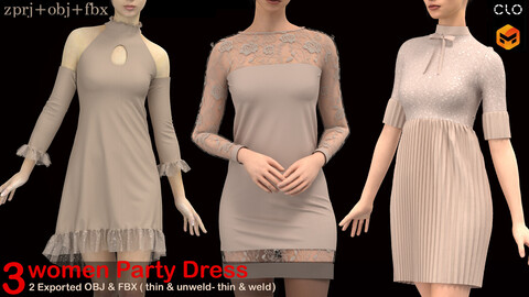 3 women party dress PACK. CLO3D, MD Projects+OBJ+FBX