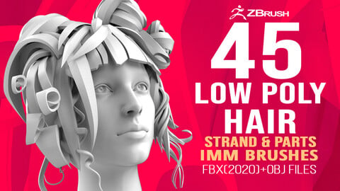 45 Female cartoon character hair strand and parts low poly IMM brush set for Zbrush, fbx and obj files.
