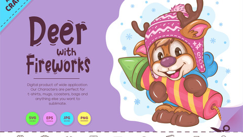 Cartoon Deer with Fireworks. Clipart