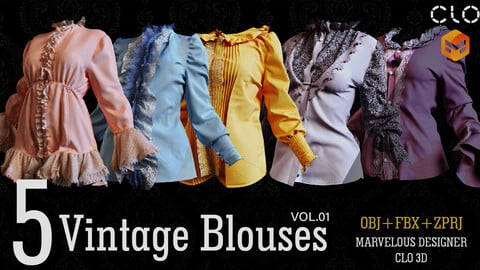 5 Vintage Blouses -VOL.01-marvelous / clo3d-FBX+OBJ+ZPRJ -With Remeshing+ video tutorial