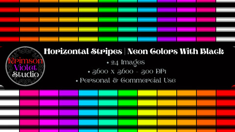 Horizontal Stripes | Neon Colors With Black | Pattern Bundle | 24 Images