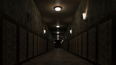 Low-poly old dark scary corridor 05