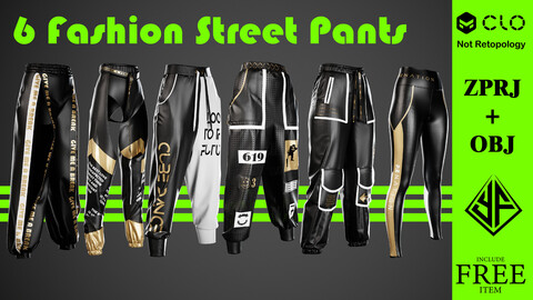 6 Fashion Street-style Pants - Md/Clo3D Projects + OBJ Files + Textures