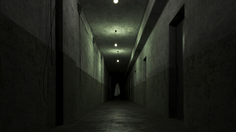 low poly old dark scary corridor 04 with ghost