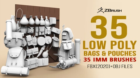 35 Low poly bags, backpacks and pouches base mesh IMM brush set for Zbrush, FBX and OBJ files.