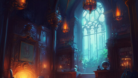 ArtStation - Castle Library: A Window to the World Amidst the Books 8
