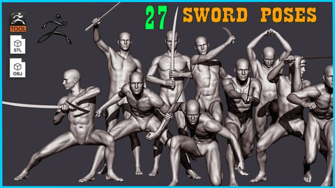 27 Sword  Male full body poses ZTL+OBJ+STL