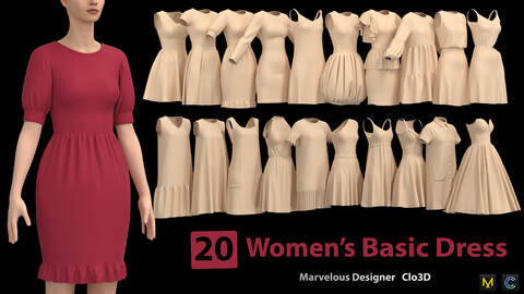 20  Women's Basic Dress + Zprj +Obj + Fbx