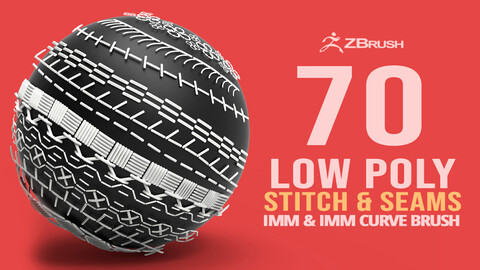 70 Low poly stitch, sewing seams ornament IMM and IMM curve brushes for Zbrush.