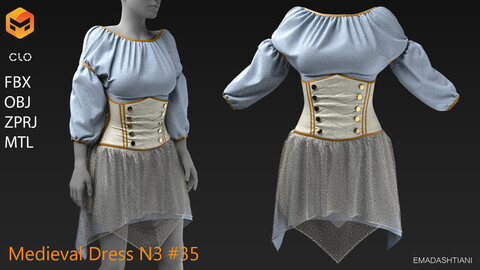 Medieval Dress N3 #35 _ MarvelousDesigner/CLO Project Files+fbx+obj+mtl _ Genesis8Female