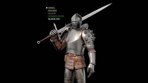 Realistic dark fantasy style knight in 5 variations, with long sword, low-poly model