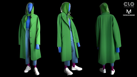 OVERSIZE GREEN COAT / MARVELOUS DESIGNER / CLO3D / MD / FBX / OBJ