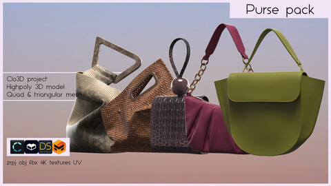 PURSE PACK (5 purses made in Clo3D/Marvelous Designer): zrpj, obj, fbx, PBR 4K
