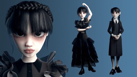Wednesday Addams LowPoly Pack of Two Rigged 3D Models
