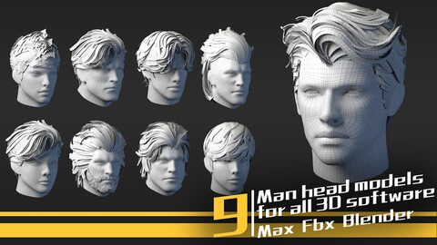 9 Man head models for all 3D software