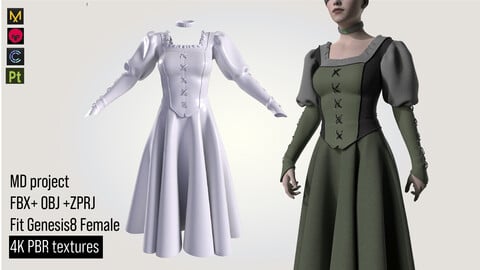 medieval clothes girl dress outfit fbx+obj+zprj