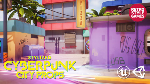 Stylized Cyberpunk City Props [Unity + Unreal]