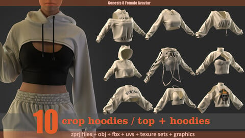 10 crop hoodies / top + hoodies model (zprj files + obj + uvs +texture sets+ graphics)
