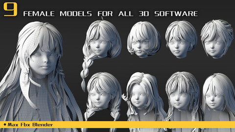 9 female head models for all 3D software