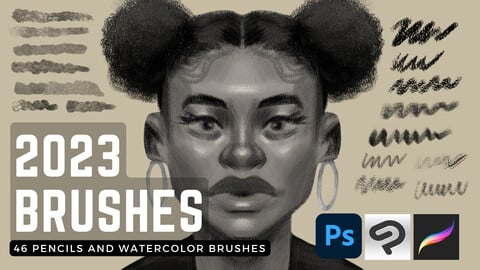 46 Grungy Watercolor and Pencil Brushes  (Procreate, Photoshop, Clip Studio) + 3 PSD Files + 10 Paper Textures
