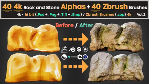 Professional 40-High-Quality 4K Rock and Stone Brushes and Alphas for Games and Environments