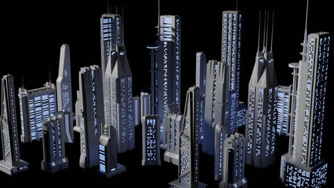 Sci-fi Skyscrapers Kit 6 - With Materials - Futuristic Cyberpunk Buildings