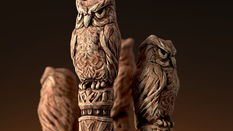 Wooden Totem Owl Pole low-poly 8K