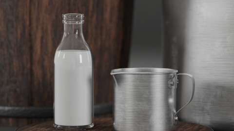 Retro glass milk bottles with wood box and glass 3D model