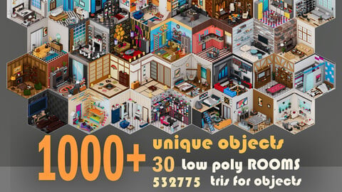 Low Poly 30 Rooms 1000+ Objects