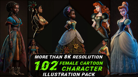 102 Female Cartoon Character Illustration Pack (More Than 8K Resolution) - Vol 1
