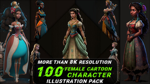 100 Female Cartoon Character Illustration Pack (More Than 8K Resolution) - Vol 2