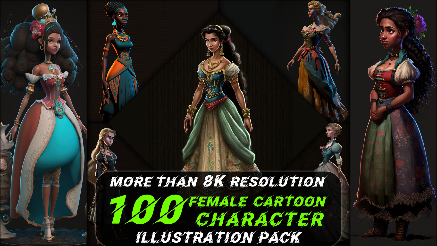 100 Female Cartoon Character Illustration Pack (More Than 8K Resolution) -  Vol 2