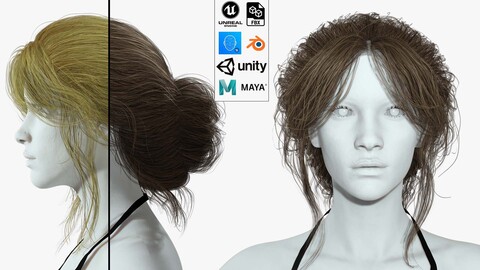 Female hair poly cards realistic Low-poly