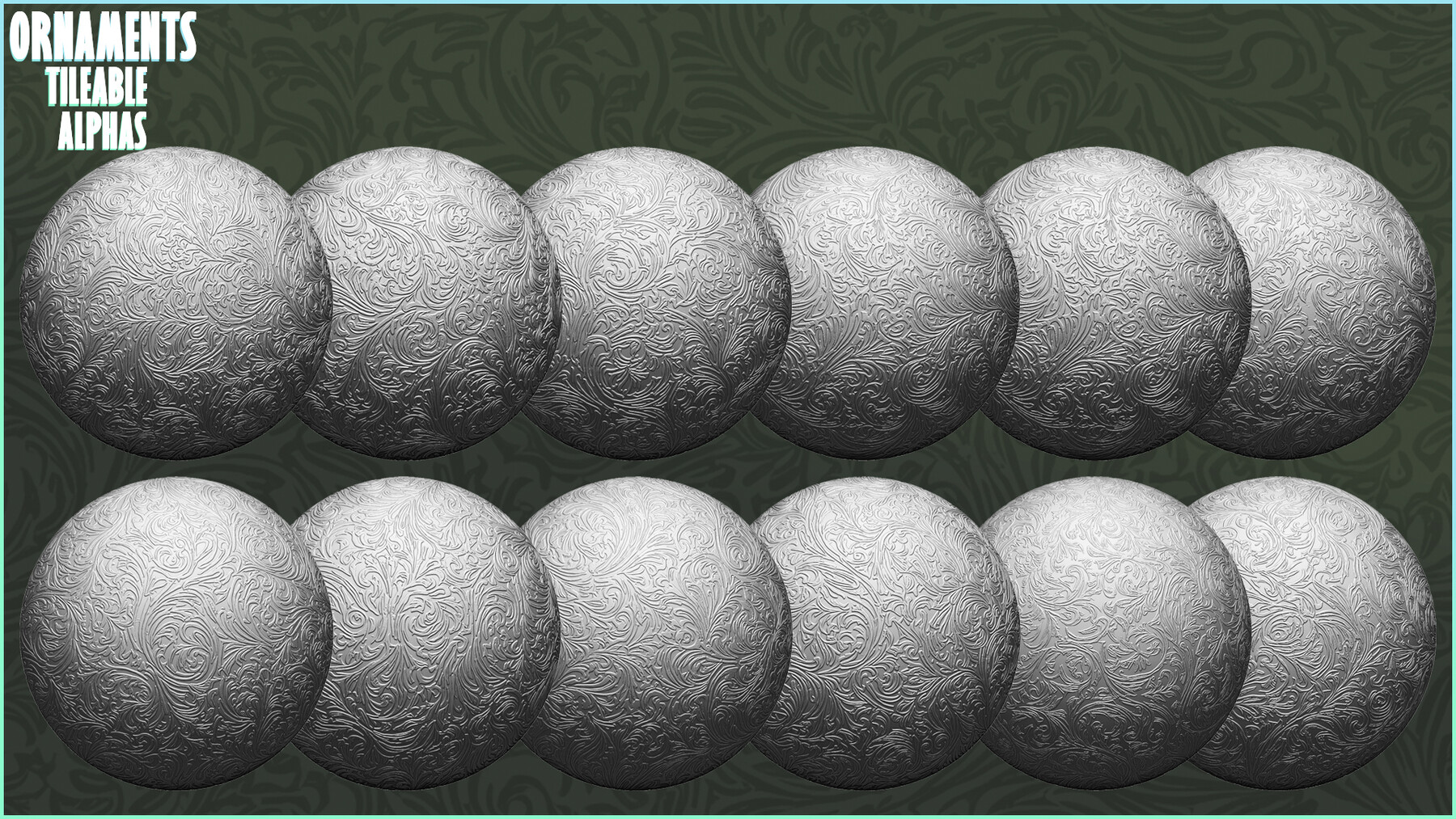 Ornaments Tileable Alphas (Displacement Maps) for ZBrush, Blender, Substance Painter vol.4 preview 1
