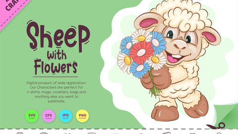 Cartoon Sheep with Flowers. Clipart.