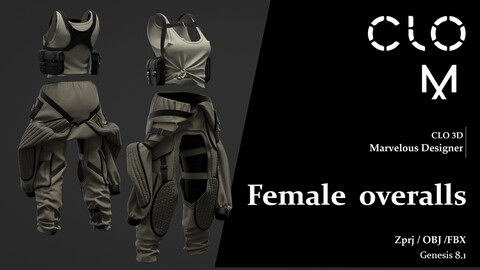 Female overalls  / Marvelous Designer/Clo3D project file + OBJ