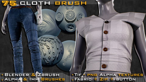75 Cloth Brushes ( Blender & ZBrush )  Tension & Compression Fold + Zip + Button