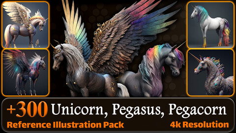 300 Unicorn, Pegasus, and Pegacorn Reference Pack | 4K | v.1
