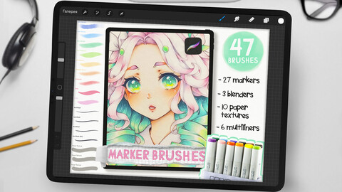 40+ Copic inspired Marker Brush Set | Airbrush, Multiliner, Blender, Paper texture, Markers for Procreate