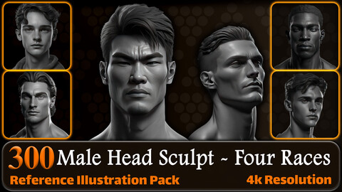 300 Male Head Sculpt - Four Races Reference Pack | 4K | v.17