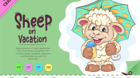 Cartoon Sheep on Vacation. Clipart.