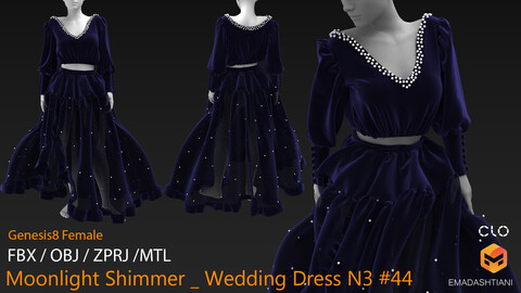 Moonlight Shimmer _ Wedding Dress N3 #44 _ MarvelousDesigner/CLO Project Files+fbx+obj+mtl _ Genesis8Female