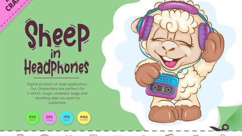 Cartoon Sheep in Headphones. Clipart.