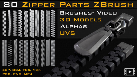 80 zipper parts_Zbrush Brushes (IMM_STD)_ 3D Models (obj_fbx_max)_Alpha (psd_png) _UVS_Video tutorial