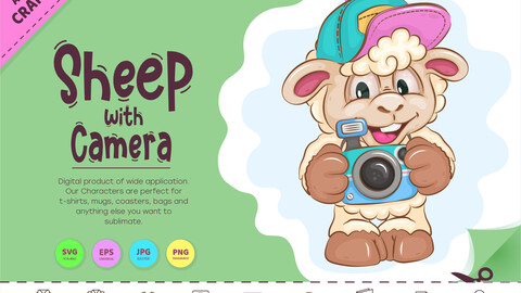 Cartoon Sheep with Camera. Clipart.