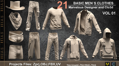 BASIC MEN`S CLOTHES (CLO3D AND MAEVELOUS DESIGNER) ZPRJ, OBJ, FBX,UV