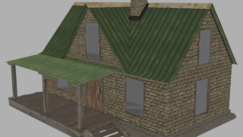 Оld unkempt brick house with a canopy Low-poly